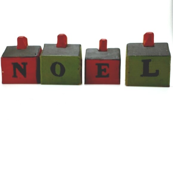 Primitive NOEL Wood House Blocks Holiday Decor Set Of 4 Vintage Red Green Gift - Picture 1 of 6